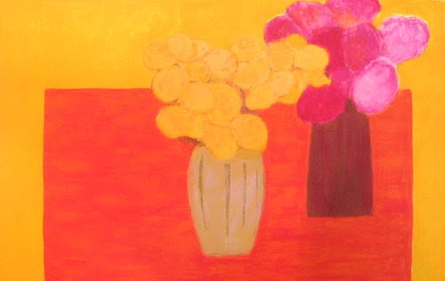 カトラン 赤いテーブルの上のインドバラとあじさい 絵画 販売 買取 東京 自由が丘にある画廊 ギャラリー小山