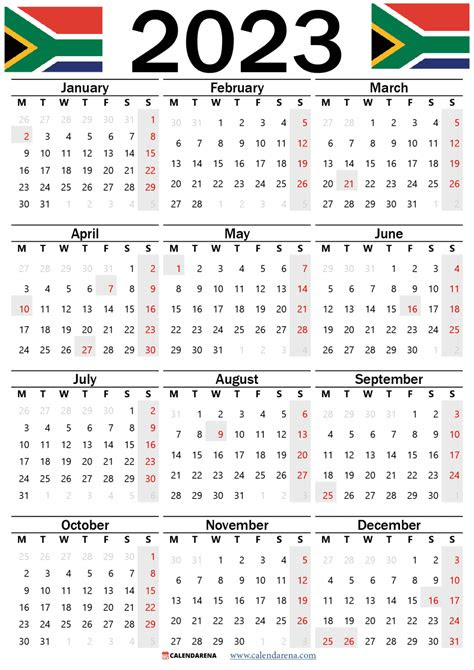  south africa 2023 calendar with holidays printable