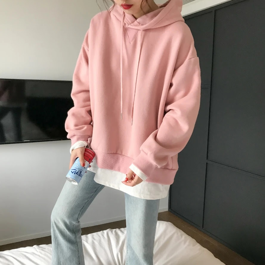 女性のピンクのパーカー 秋と冬のスウェットシャツ 韓国スタイル 黄色 ステッチ 個性 原宿 21 Hoodies Sweatshirts Gooum