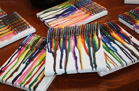Cute birthday party craft.  Each girl made their own mini canvas crayon art.  Also other great ideas for a rainbow party!