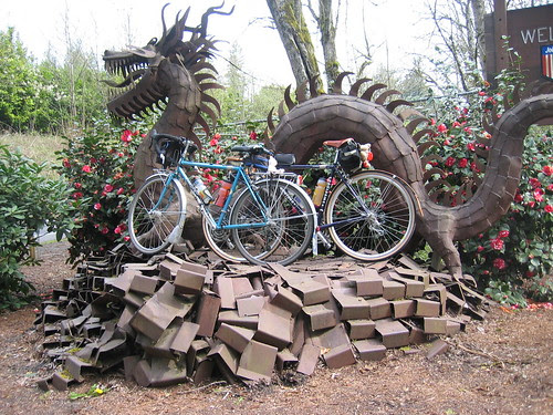 Bleriot and Sweetpea visiting the Job Corps dragon sculpture