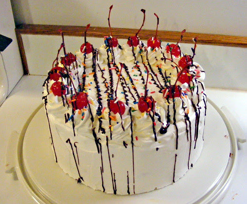  My bag of ganache exploded all over the top of the cake while I was drizzling it over Banana Split Birthday Cake, Version 2.0