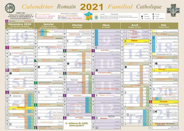 Calendrier Romain Liturgique Et Familial Calendrier 2021 annuel, par semestre ou par mois.