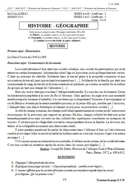 Sujet Bac Ivoirien