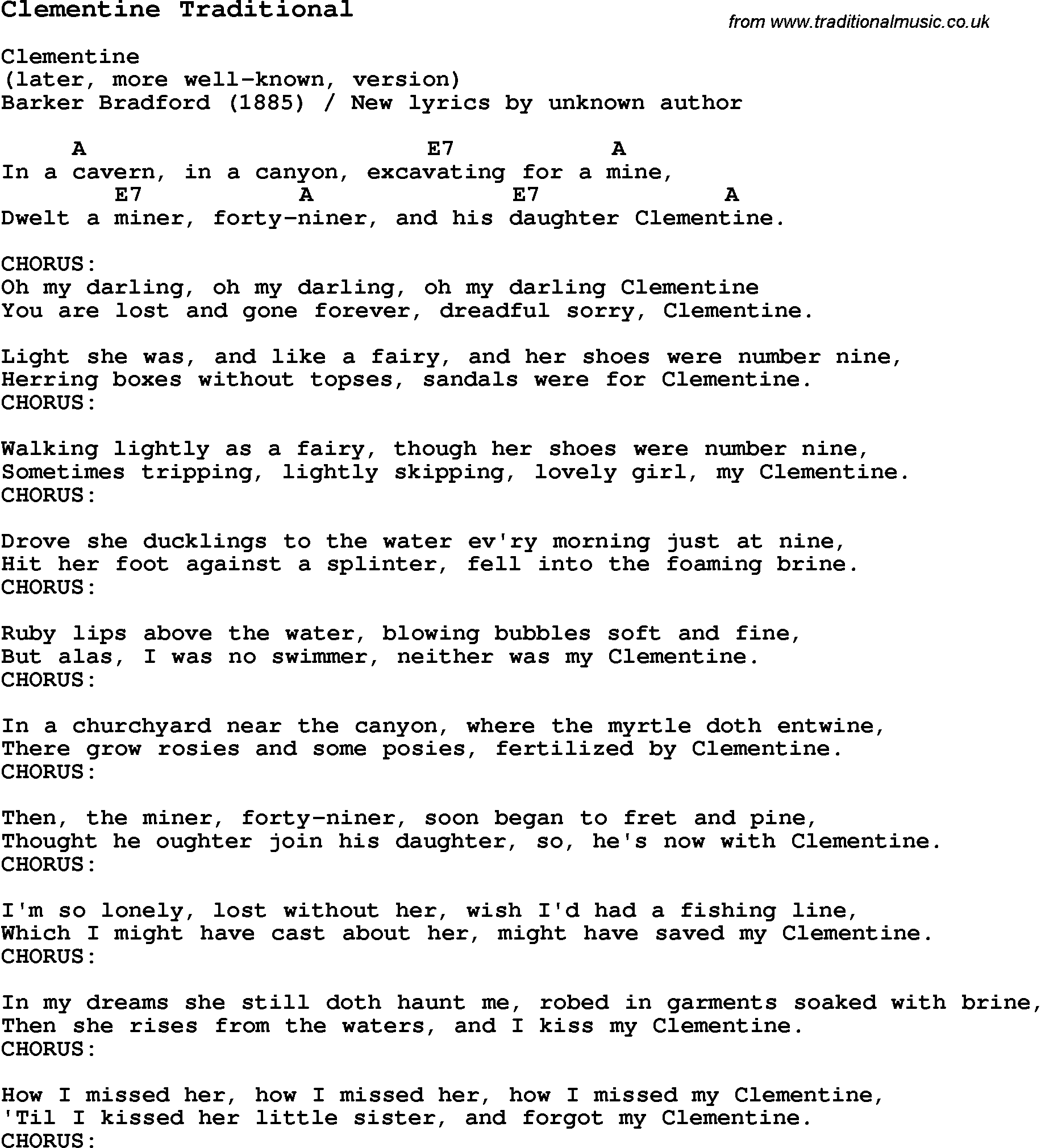 Traditional Song Clementine Traditional With Chords Tabs And Lyrics