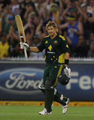 Shane Watson celebrates reaching his fifth one-day international hundred, Australia v England, 1st ODI, Melbourne, January 16, 2010
