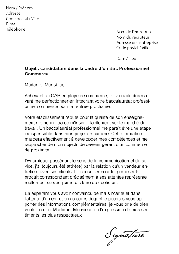 modele lettre de motivation bac pro commerce