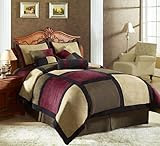 Chezmoi Collection Micro Suede Patchwork 7-Piece Comforter Set, Queen, Brown/Burgundy/Black
