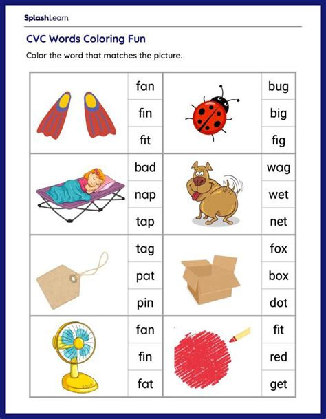  cvc words and coloring ela worksheets splashlearn