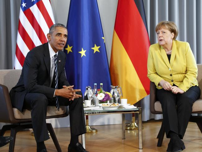 Bilateral talks ... German Chancellor Angela Merkel and US President Barack Obama are pushing for a push for a transatlantic trade pact. Picture: AP.