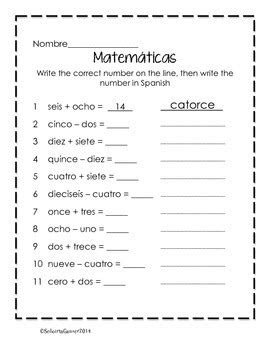  spanish number practice addition subtraction 2nd grade tpt