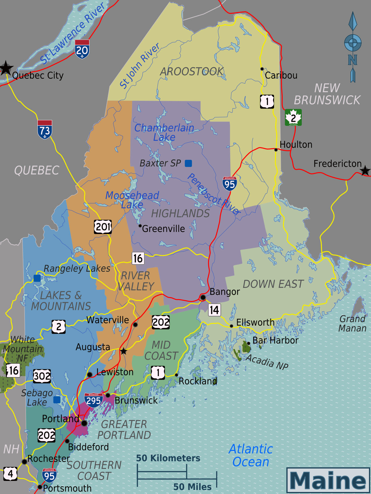 Large regions map of Maine state. Maine state large 