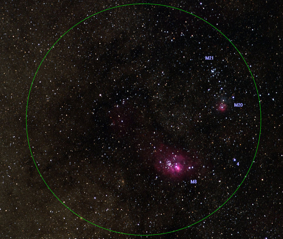 双眼鏡で見る夏の星空 M８ 干潟星雲 M２０ 三裂星雲 M２１ 散開星団 いて座