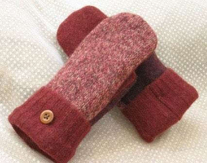 Felted Wool Mittens, Fleece Lined--Burgandy, Red and Pink Design
