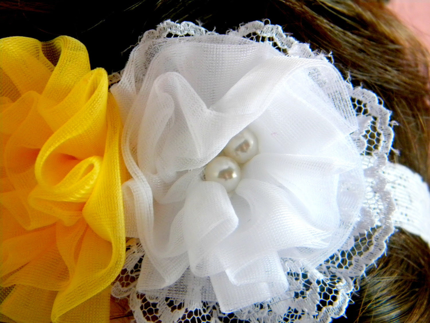 Yellow and white baby girls chiffon flower headband with pearls and lace on lace elastic READY TO SHIP