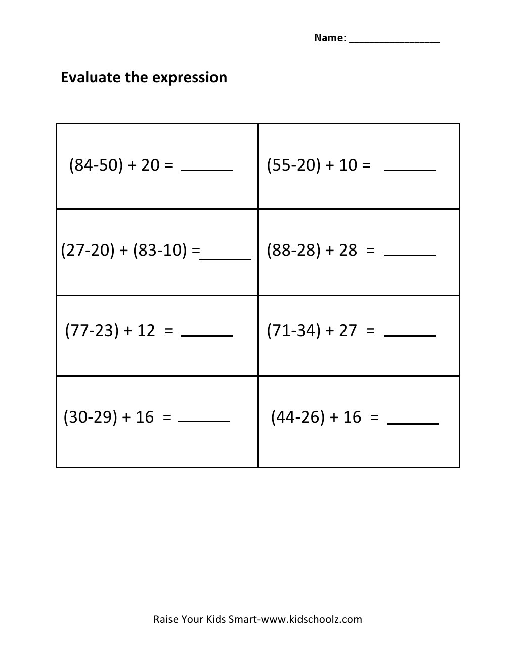Grade 3 - Evaluating Algebraic Expressions Worksheet 4 ...
