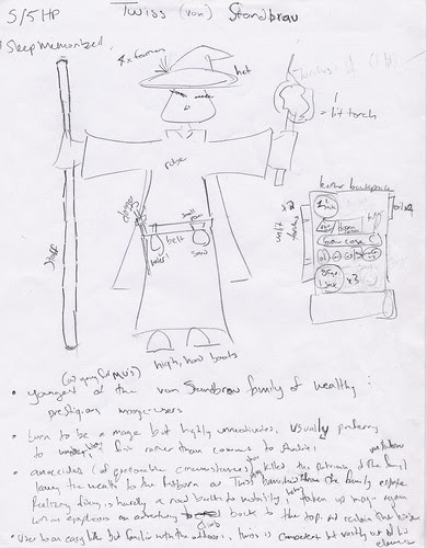 AD&D Character Sketch/Inventory Diagram: Twiss, magic-user