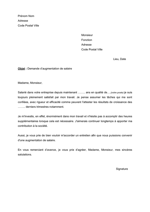 Lettre de demande d'augmentation de salaire - DOC, PDF ...