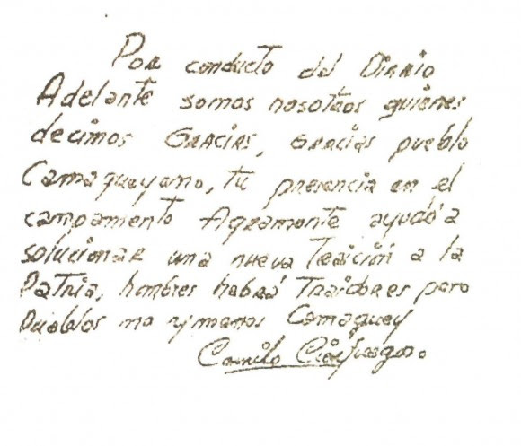 Escrito de Camilo al pueblo camagüeyano el 21 de octubre de 1959. Foto: Archivo del Autor / Cubadebate