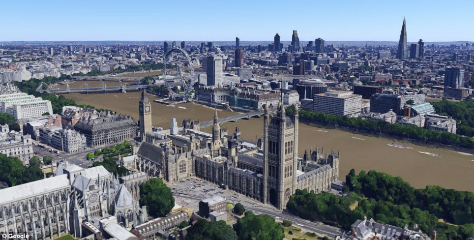 Google has added London landmarks including the Houses of Parliament and Big Ben (pictured in the foreground)  as well as terrains and landscapes across the capital to its 3D mapping service