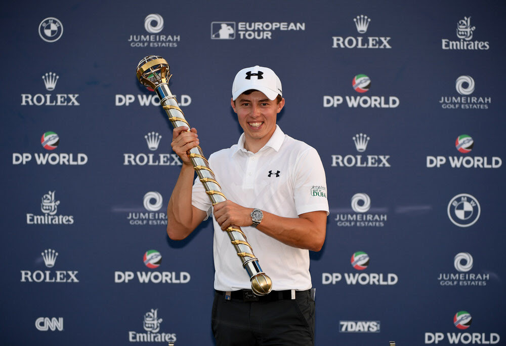 DUBAI, UNITED ARAB EMIRATES - NOVEMBER 20:  Matthew Fitzpatrick of England with the DP World Tour Championship Trophy after the final round of the DP World Tour Championship at Jumeirah Golf Estates on November 20, 2016 in Dubai, United Arab Emirates.  (Photo by Ross Kinnaird/Getty Images)