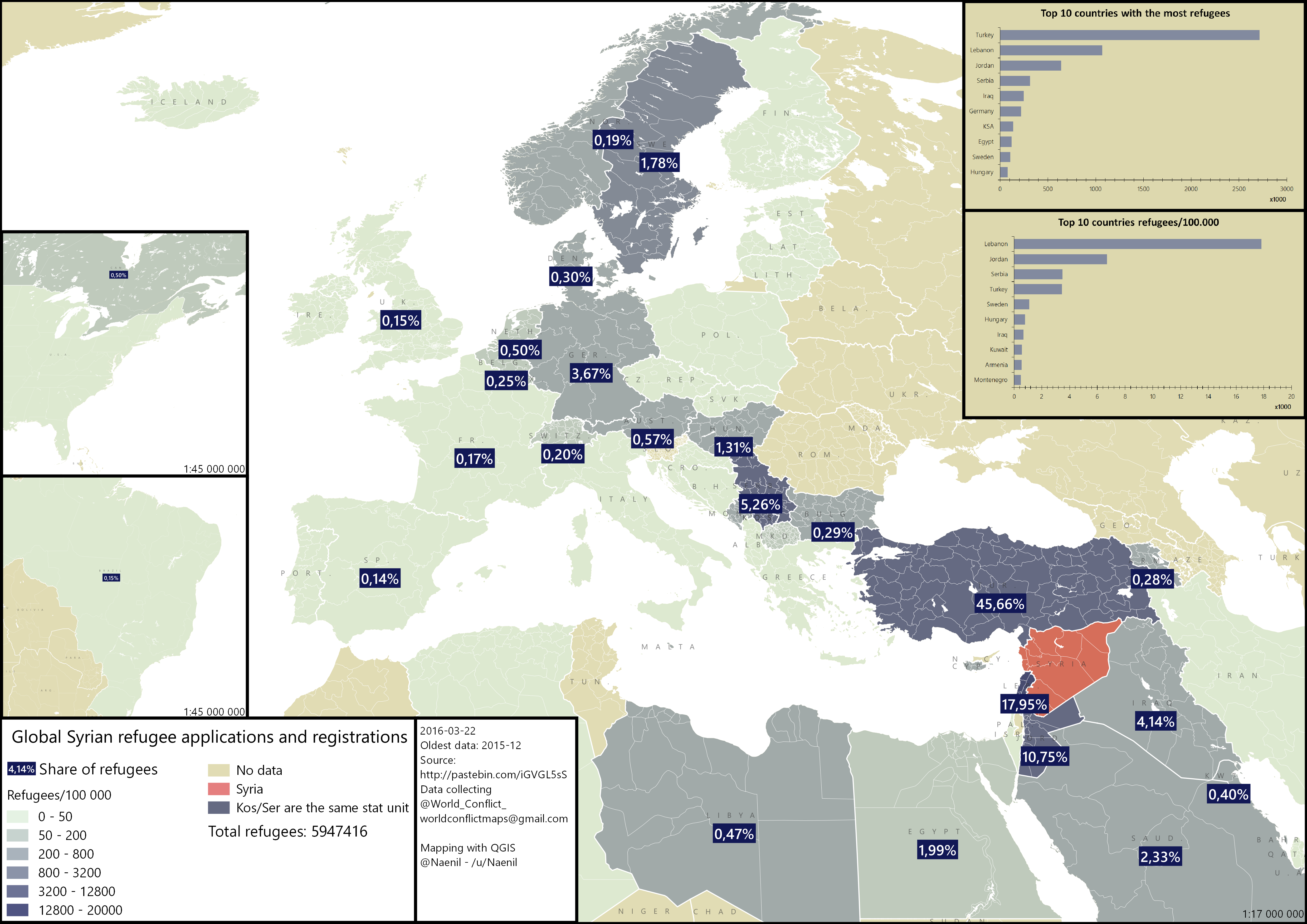 Syrian refugee applications and registrations around the world. [OC]