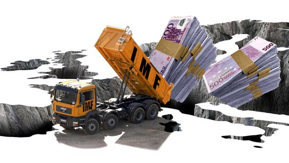 illustration showing a lorry representing the IMF tipping euros in to europe