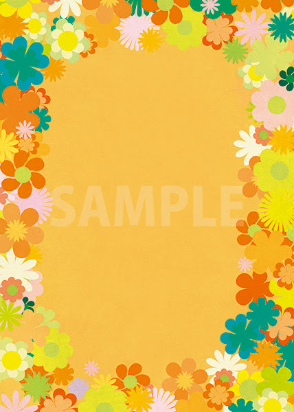 オレンジ基調の花のイラストに囲まれたa4サイズ背景素材 無料 商用可能 サイズ 背景テンプレートダウンロードサイト