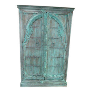 Mogul Interior - Consigned Jodhpur Distressed Teal Patina Mehrab Arch Doors Storage Armoire India - The NEW cabinet comes from India and has 19 century vintage doors, the sides are built from reclaimed woods.