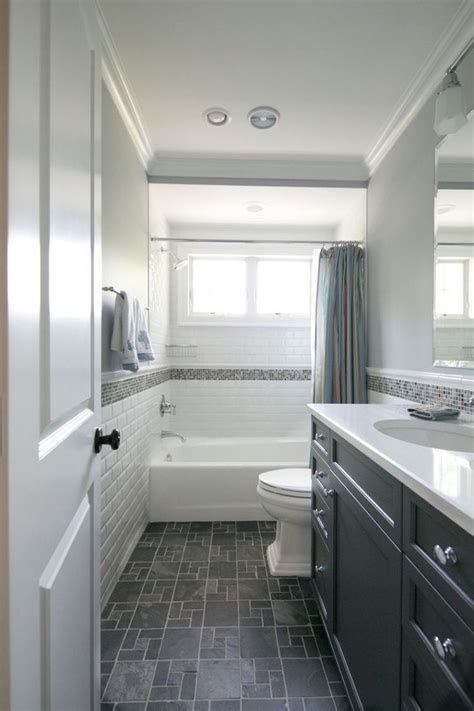 Ceramic tile is one of the best types of flooring you can install in a bathroom. Long narrow hall bath layout idea (mirror image) *M