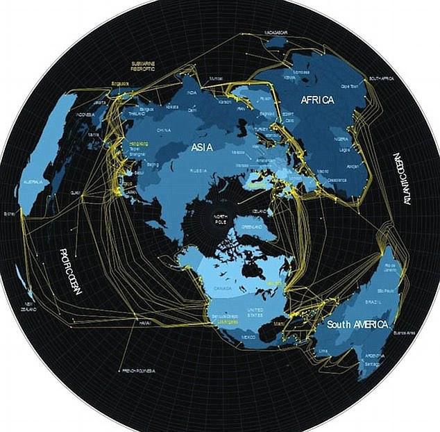 What the Internet really looks like: Each yellow line is one of the major fiber-optic cables that carry Internet traffic around the world. These are the 'plumbing' of the internet, and many are routed undersea