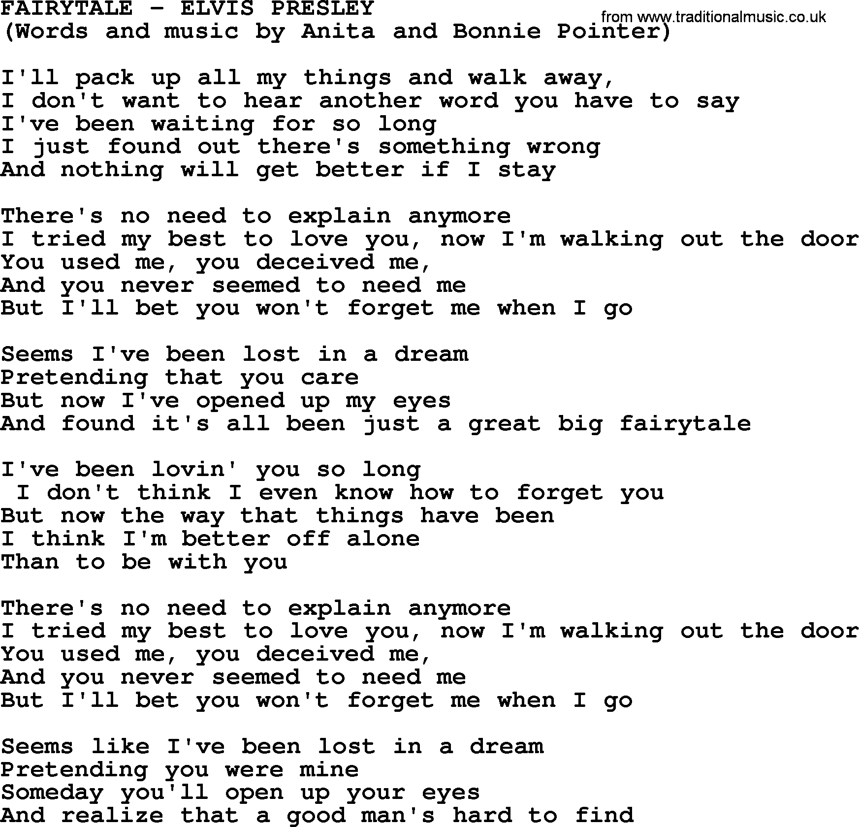 Fairytale By Elvis Presley Lyrics