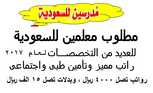 مطلوب فوراً للسعودية معلمين لمختلف التخصصات براتب يصل 4000 ريال وبدلات 15 الف ريال - التقديم على الانترنت