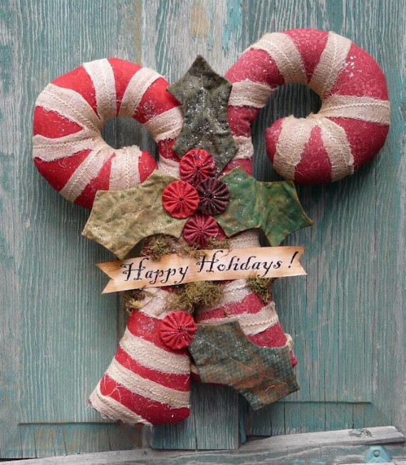 Big Candy Canes E Pattern - fabric primitive holly new pdf Christmas Old Grubby banner