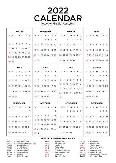  year 2022 calendar printable with holidays wiki calendar