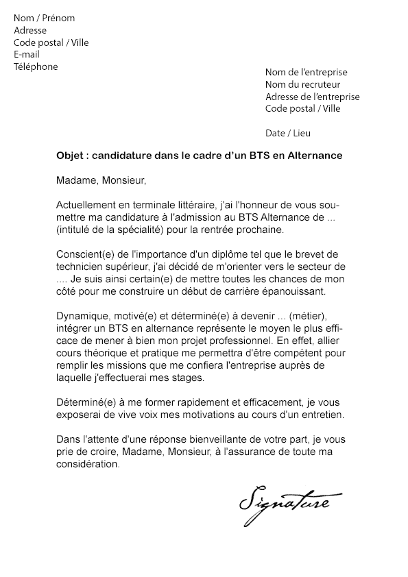 Lettre de motivation BTS en Alternance - Modèle de Lettre
