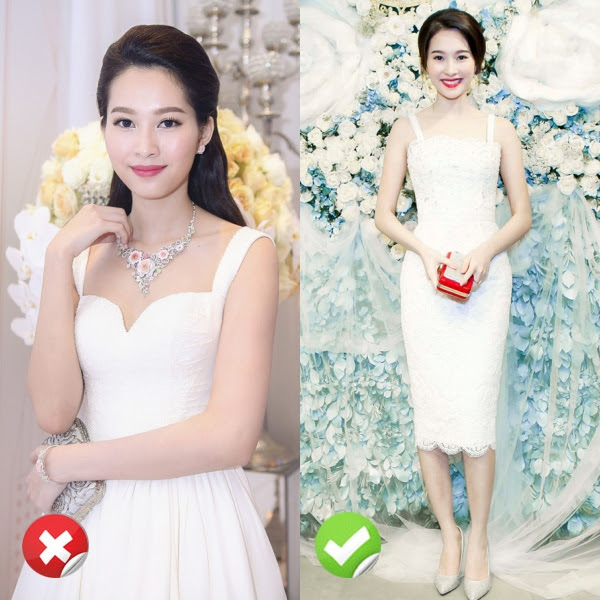 Kiểu váy hai dây ngang ngực sẽ hợp với Thu Thảo hơn là váy hai dây xẻ ngực.