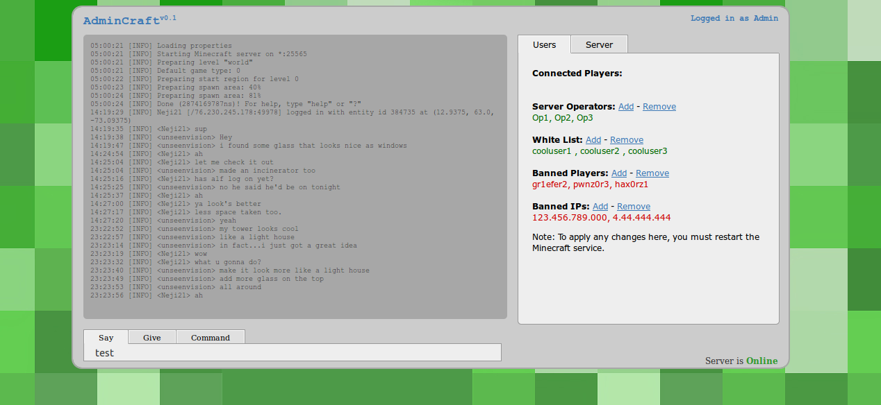 Admincraft Evergreen Tree Admin Web Gui Server Wrapper For Vanilla Minecraft Servers Admincraft
