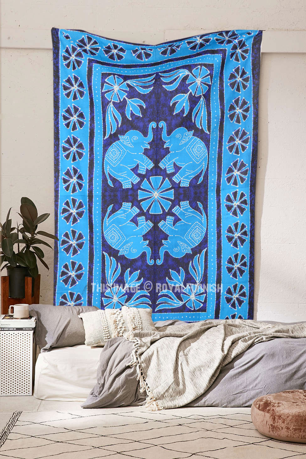 Turquoise Blue Four Elephants Batik Tapestry Wall Hanging - RoyalFurnish.com
