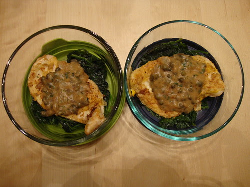 Chicken Piccata on a bed of spinach from Now Cook This by Rocco DiSpirito--YUM
