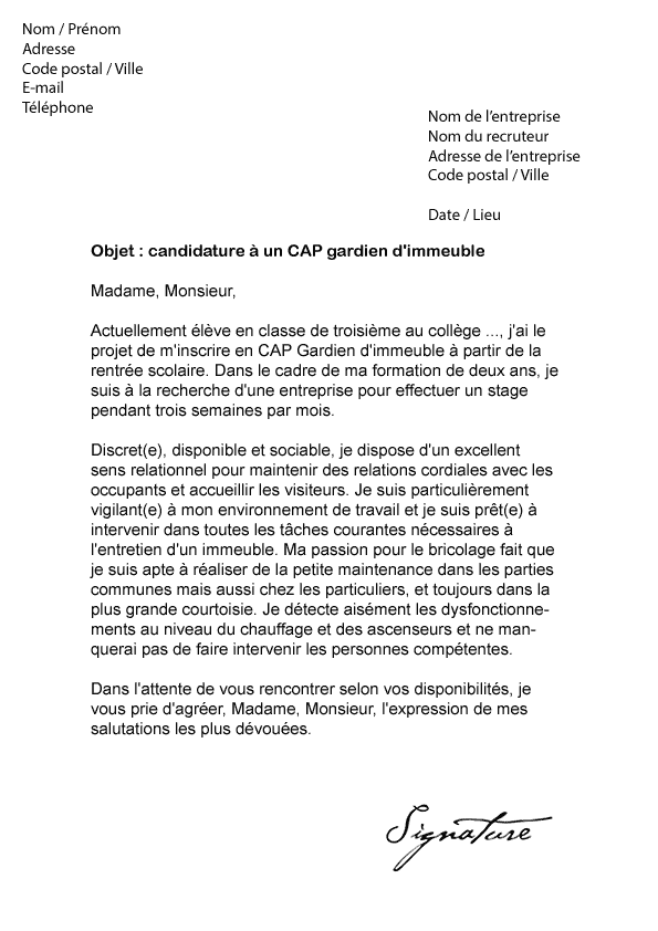 Lettre de motivation CAP Gardien d'immeuble - Modèle de Lettre