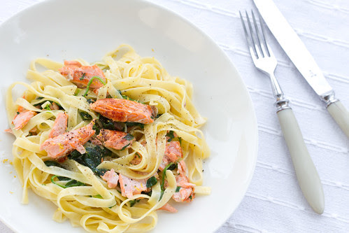 It's Pasta Time: Tagliatelle with creamy spinach and pan-fried salmon 