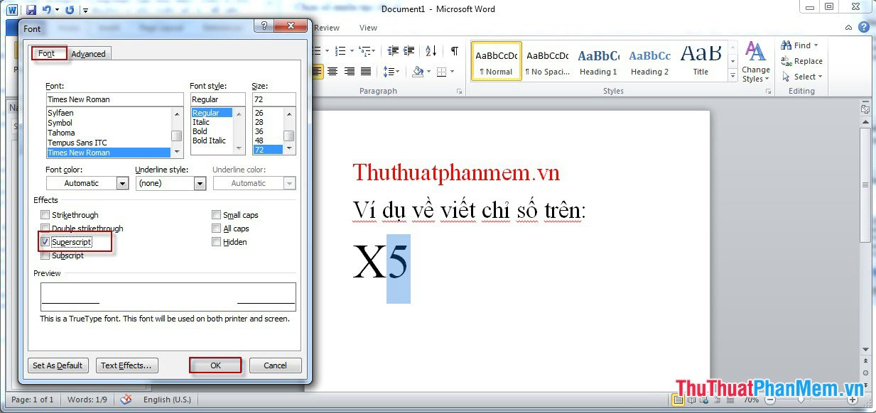 Ví dụ cách tạo chỉ số trên trong word