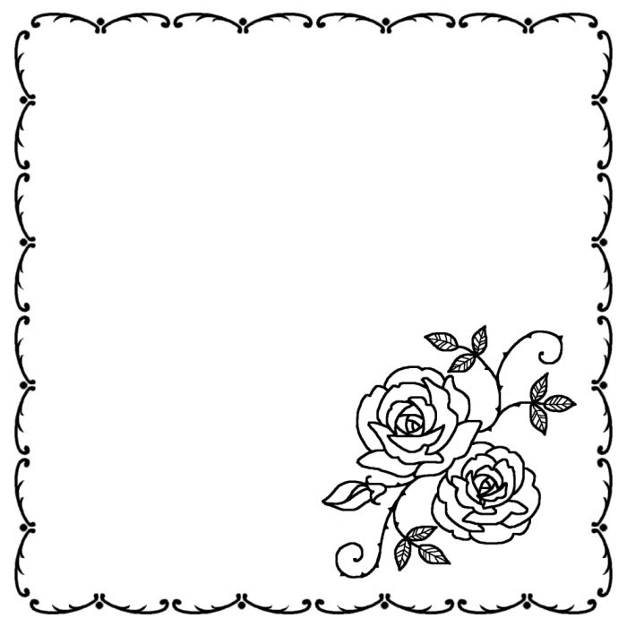 バスケット 白黒 バラの花 枠 ふきだし 無料イラスト素材