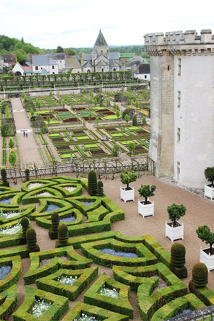 View over the gardens at Chateau de Villandry in the Loire Valley 