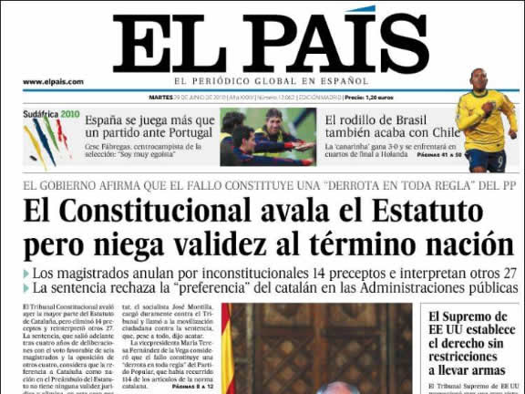 La interpretació d'"El País": en general el Constitucional avala l'Estatut però no el terme "nació". (Font: kiosko.net)