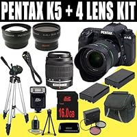 Pentax K-5 16.3 MP Digital SLR with 18-55mm Lens and 3-Inch LCD and 50-200mm f/4-5.6 Lenses + Two DLI90 Battery + 16GB SDHC + Wide Angle / Telephoto Lenses DavisMAX Accessory Kit Bundle