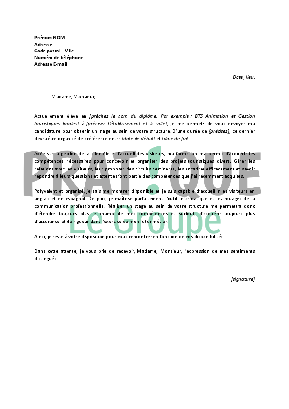 Lettre de motivation pour un stage de guide touristique ...
