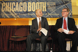 [Professor Eugene Fama (left), Professor of Finance at the University of Chicago Booth Graduate School of Business with donor David G. Booth (right) at the donation ceremony. David G. Booth ]