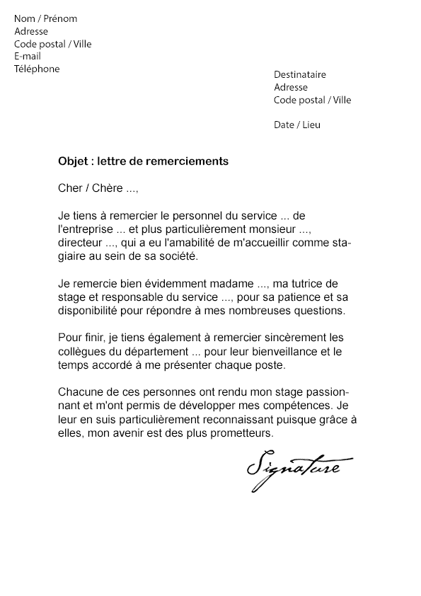 Lettre de remerciement Rapport de Stage - Modèle de Lettre